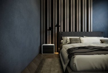 Yatak odasının iç kısımları, siyah baz tonlarıyla çok az. 3B illüstrasyon oluşturma