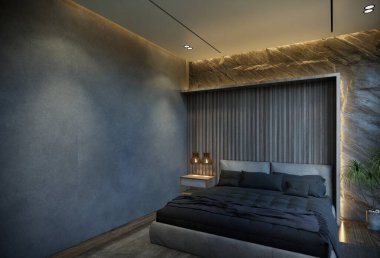 Yatak odasının iç kısımları, siyah baz tonlarıyla çok az. 3B illüstrasyon oluşturma