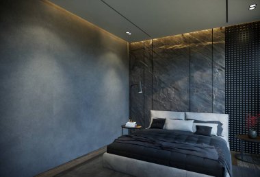 Yatak odasının iç kısımları, siyah baz tonlarıyla çok az. 3B illüstrasyon oluşturma