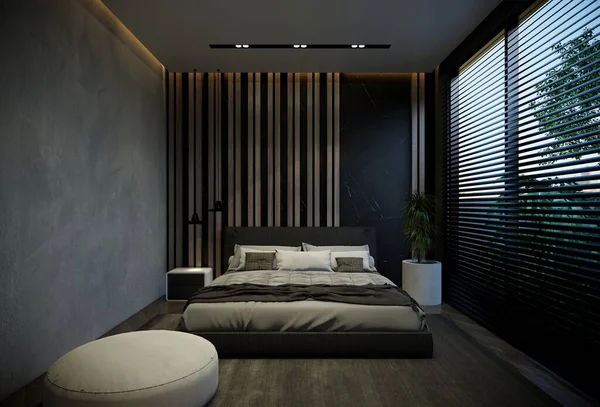 Interior Bedroom Minimal Black Base Tones Illustration Rendering — Stock Photo, Image