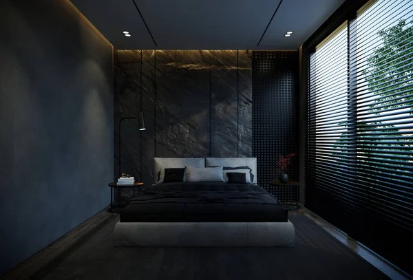 Interior Del Dormitorio Mínimo Con Tonos Base Negro Visualización Ilustración —  Fotos de Stock