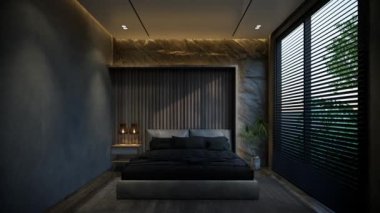 Yatak odasının iç animasyonu, siyah baz tonlarıyla minimum düzeyde. 3B illüstrasyon oluşturma