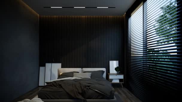 Animación Interior Del Dormitorio Mínima Con Tonos Base Negros Visualización — Vídeo de stock