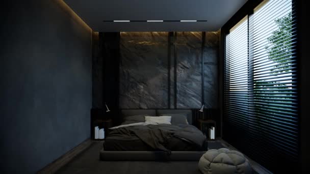 Animación Interior Del Dormitorio Mínima Con Tonos Base Negros Visualización — Vídeos de Stock