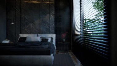 Yatak odasının iç animasyonu, siyah baz tonlarıyla minimum düzeyde. 3B illüstrasyon oluşturma
