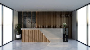 İç tasarım çağdaş ve lüks modern kabul masası, 3D illüstrasyon