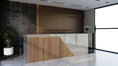 İç tasarım çağdaş ve lüks modern kabul masası, 3D illüstrasyon