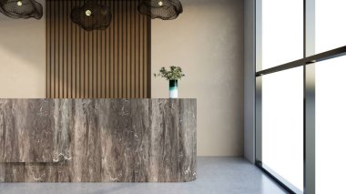 İç tasarım çağdaş ve lüks modern kabul masası, 3D illüstrasyon