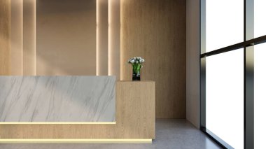 İç tasarım çağdaş ve lüks modern kabul masası, 3D illüstrasyon