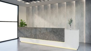 İç tasarım çağdaş ve lüks modern kabul masası, 3D illüstrasyon