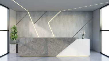 İç tasarım çağdaş ve lüks modern kabul masası, 3D illüstrasyon