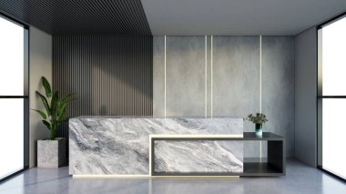 İç tasarım çağdaş ve lüks modern kabul masası, 3D illüstrasyon