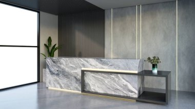 İç tasarım çağdaş ve lüks modern kabul masası, 3D illüstrasyon