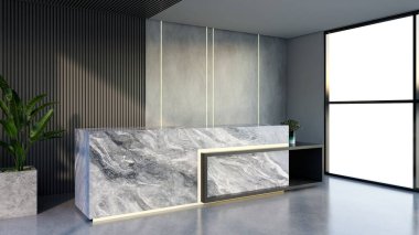 İç tasarım çağdaş ve lüks modern kabul masası, 3D illüstrasyon