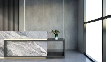 İç tasarım çağdaş ve lüks modern kabul masası, 3D illüstrasyon