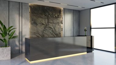 İç tasarım çağdaş ve lüks modern kabul masası, 3D illüstrasyon