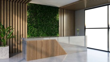 İç tasarım çağdaş ve lüks modern kabul masası, 3D illüstrasyon