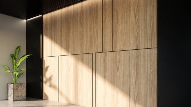 Yatak odasının iç kısımları, siyah baz tonlarıyla çok az. 3B illüstrasyon oluşturma