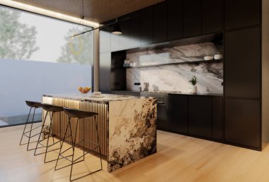 En az beyaz mutfak ve yemek masası. 3B illüstrasyon oluşturma