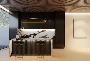 En az beyaz mutfak ve yemek masası. 3B illüstrasyon oluşturma