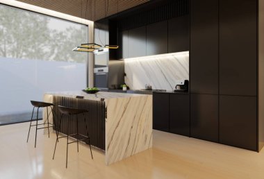 En az beyaz mutfak ve yemek masası. 3B illüstrasyon oluşturma