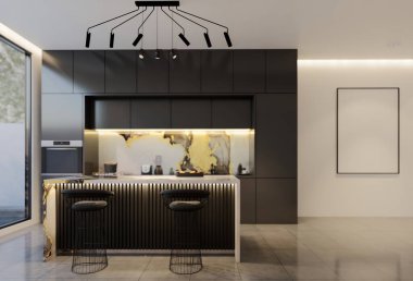 En az beyaz mutfak ve yemek masası. 3B illüstrasyon oluşturma