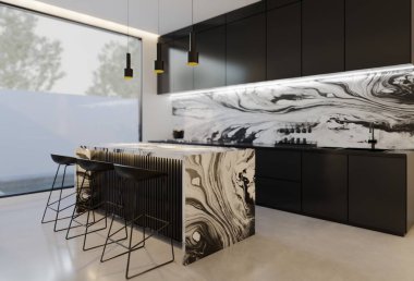 En az beyaz mutfak ve yemek masası. 3B illüstrasyon oluşturma