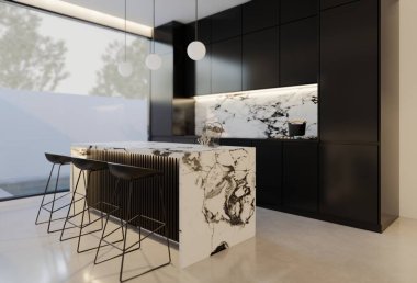 En az beyaz mutfak ve yemek masası. 3B illüstrasyon oluşturma