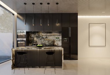 En az beyaz mutfak ve yemek masası. 3B illüstrasyon oluşturma