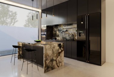 En az beyaz mutfak ve yemek masası. 3B illüstrasyon oluşturma