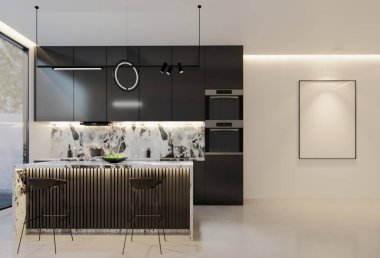 En az beyaz mutfak ve yemek masası. 3B illüstrasyon oluşturma