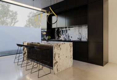 En az beyaz mutfak ve yemek masası. 3B illüstrasyon oluşturma