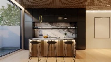 Animasyon, en az beyaz mutfak ve yemek masası. 3B illüstrasyon oluşturma