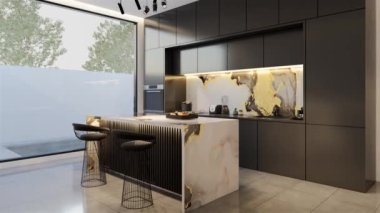 Animasyon, en az beyaz mutfak ve yemek masası. 3B illüstrasyon oluşturma
