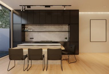 En az beyaz mutfak ve yemek masası. 3B illüstrasyon oluşturma