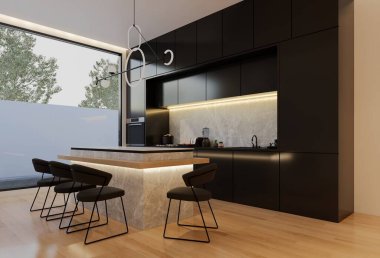 En az beyaz mutfak ve yemek masası. 3B illüstrasyon oluşturma