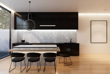 En az beyaz mutfak ve yemek masası. 3B illüstrasyon oluşturma