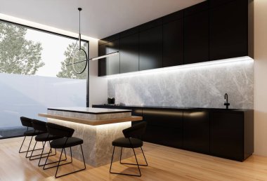 En az beyaz mutfak ve yemek masası. 3B illüstrasyon oluşturma