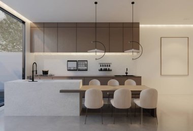 En az beyaz mutfak ve yemek masası. 3B illüstrasyon oluşturma