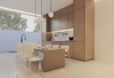 En az beyaz mutfak ve yemek masası. 3B illüstrasyon oluşturma