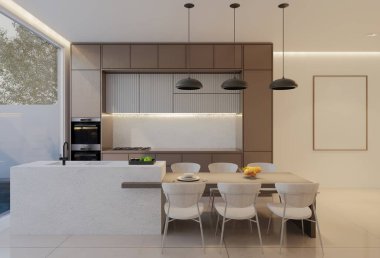 En az beyaz mutfak ve yemek masası. 3B illüstrasyon oluşturma