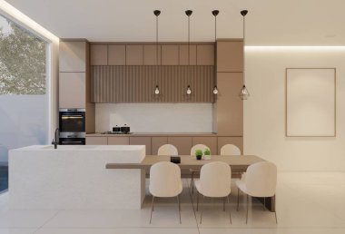 En az beyaz mutfak ve yemek masası. 3B illüstrasyon oluşturma