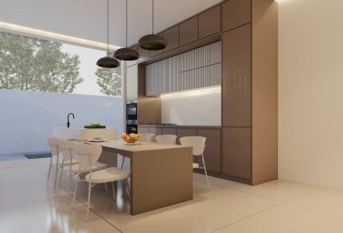 En az beyaz mutfak ve yemek masası. 3B illüstrasyon oluşturma