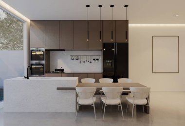 En az beyaz mutfak ve yemek masası. 3B illüstrasyon oluşturma