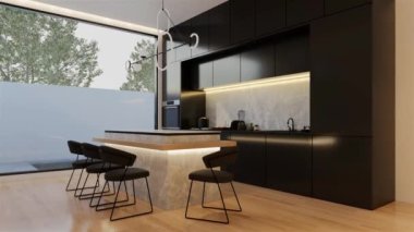 Animasyon, en az beyaz mutfak ve yemek masası. 3B illüstrasyon oluşturma