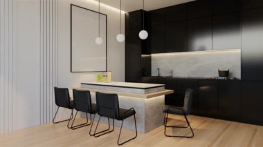 Animasyon, en az beyaz mutfak ve yemek masası. 3B illüstrasyon oluşturma