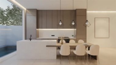 Animasyon, en az beyaz mutfak ve yemek masası. 3B illüstrasyon oluşturma