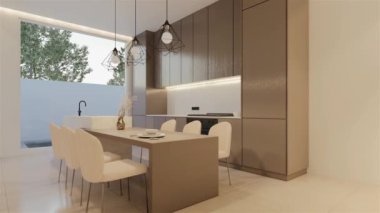 Animasyon, en az beyaz mutfak ve yemek masası. 3B illüstrasyon oluşturma