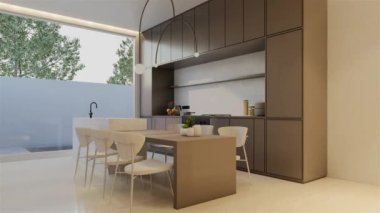 Animasyon, en az beyaz mutfak ve yemek masası. 3B illüstrasyon oluşturma