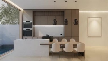 Animasyon, en az beyaz mutfak ve yemek masası. 3B illüstrasyon oluşturma